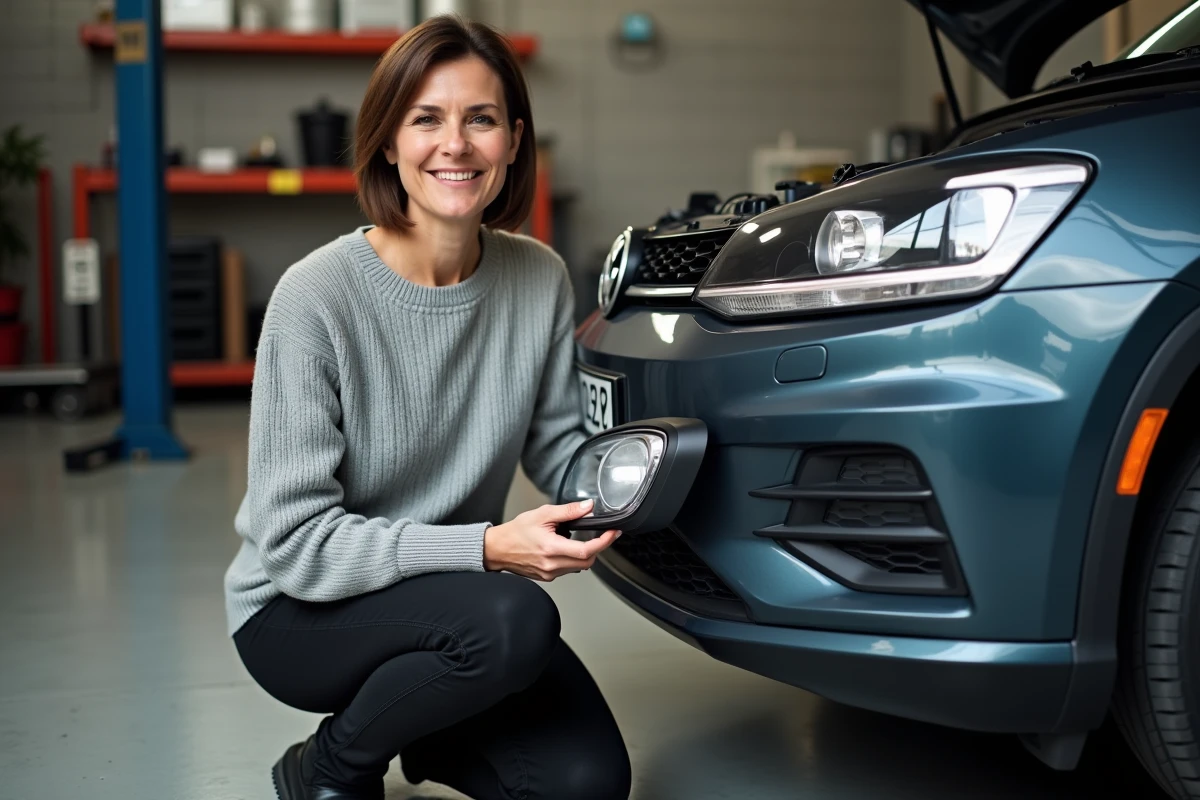 Femme posant avec un nouveau feu de brouillard dans un garage