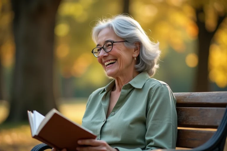 Femme senior souriante lisant un livre dans un parc en automne, illustration de bien vieillir et profiter de la vie
