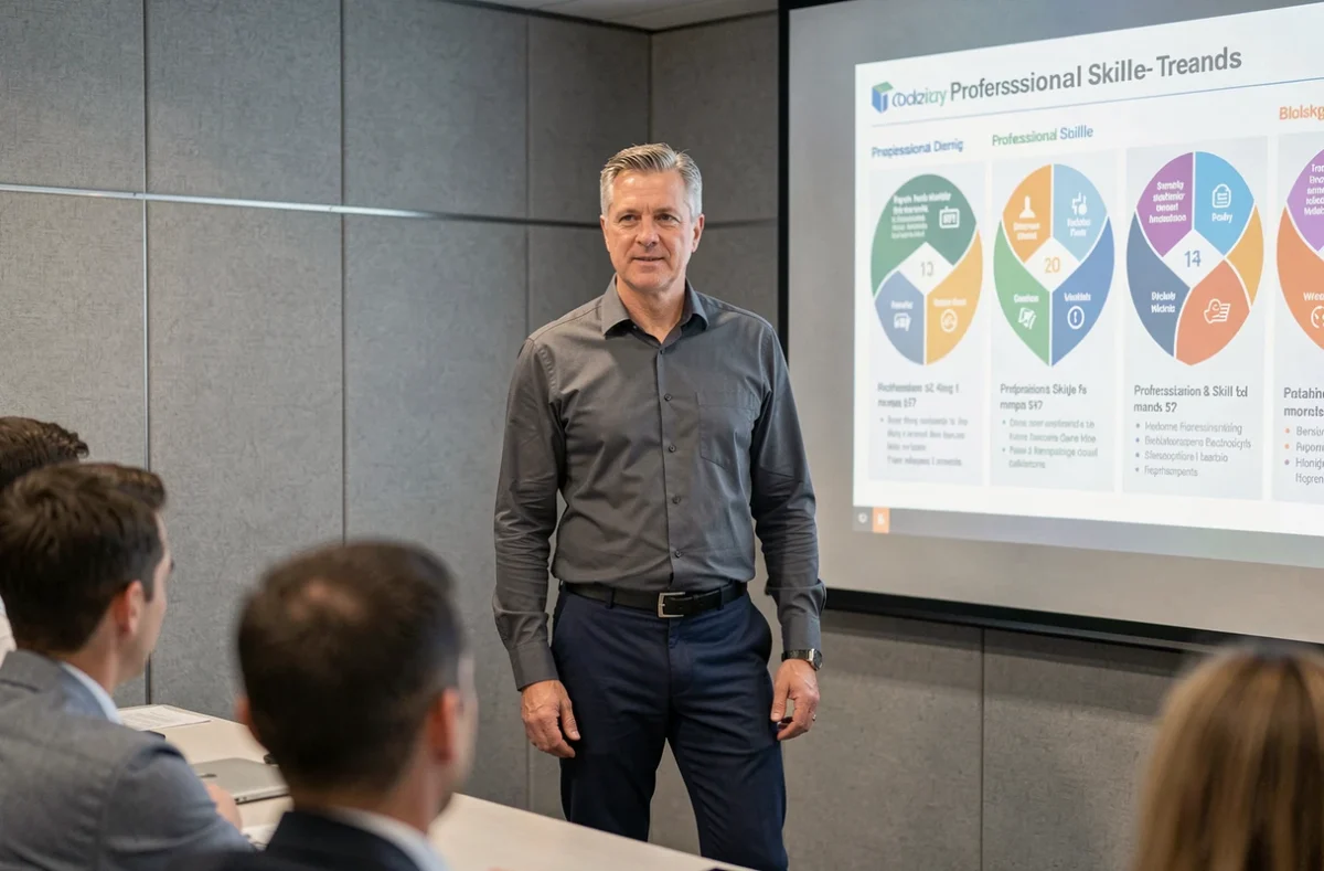 Formateur présentant les nouvelles tendances de la formation professionnelle en salle de conférence