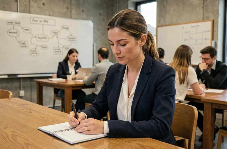 Femme professionnelle prenant des notes lors d'une session de formation en milieu de travail moderne