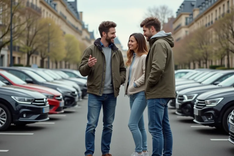 Groupe d'adultes devant voitures dans un lot parisien