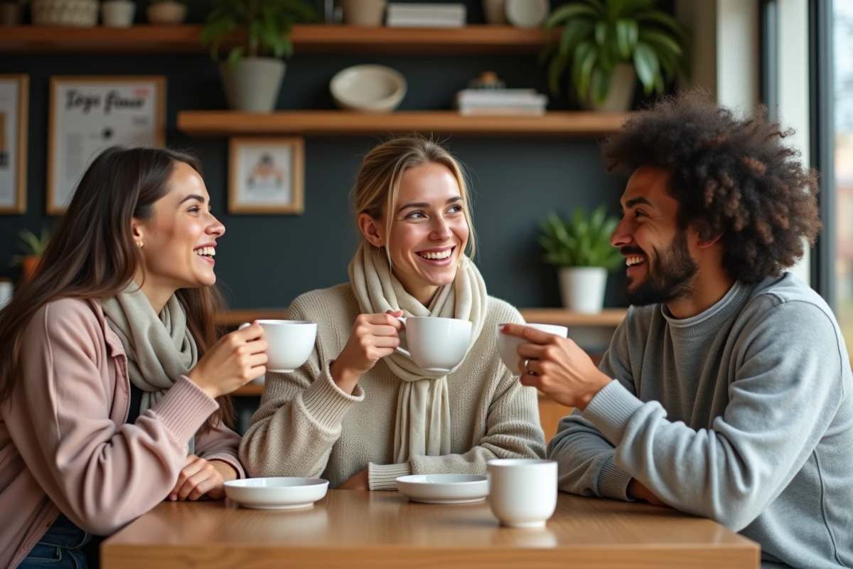 Trois amis souriants dans un café scandinave moderne