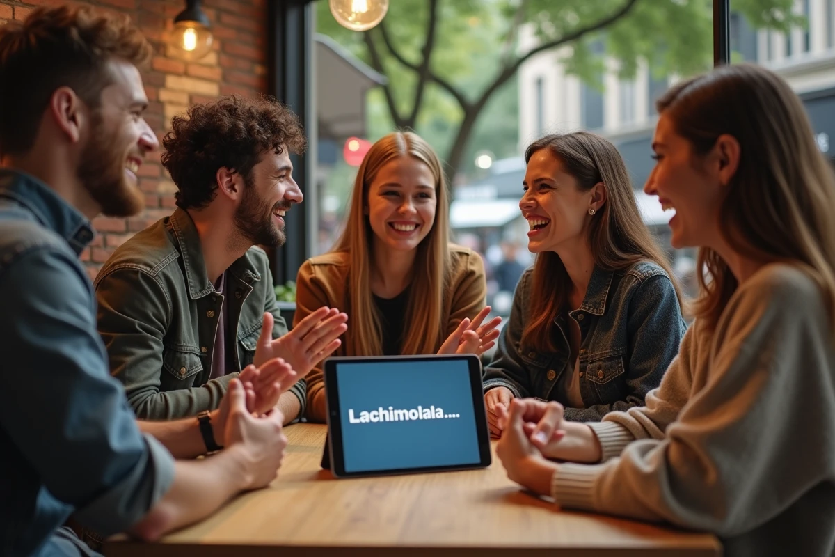 Groupe d amis autour d une table dans un cafe urbain