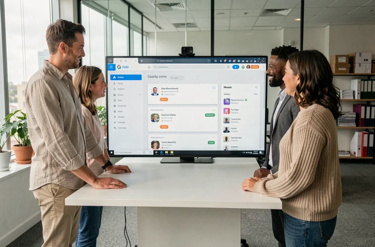 Groupe de professionnels collaborant autour d'une plateforme e-learning dans un bureau moderne