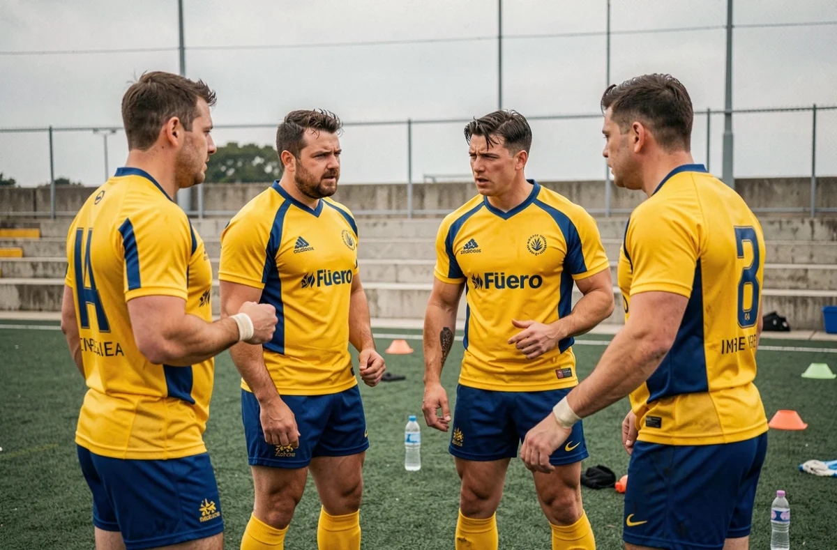 Groupe de joueurs de rugby en cercle sur le terrain d'entraînement, tension et cohésion d'équipe face aux rumeurs de transfert à l'ASM Clermont