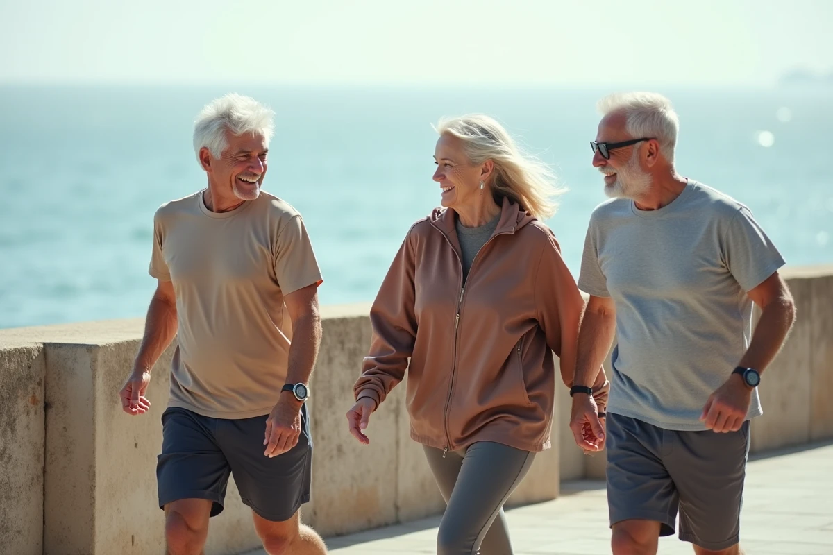 Groupe de seniors actifs se promenant ensemble au bord de la mer, illustrant la vie sociale et le bien vieillir