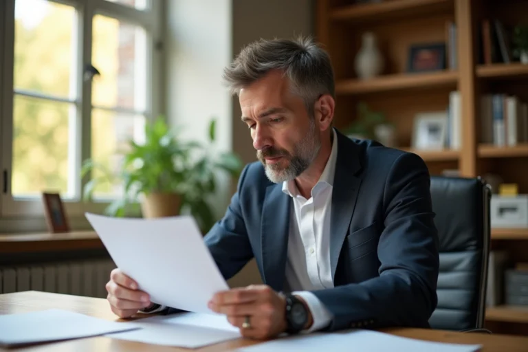 Homme d'affaires en bureau lisant des documents importants