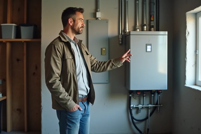 Homme inspectant une batterie murale dans une maison moderne