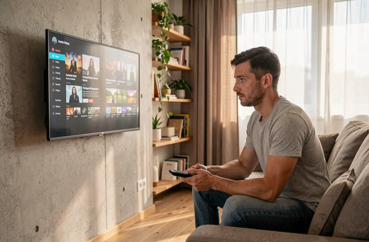 Homme comparant des qualités vidéo en streaming HDTS sur un téléviseur dans un salon moderne
