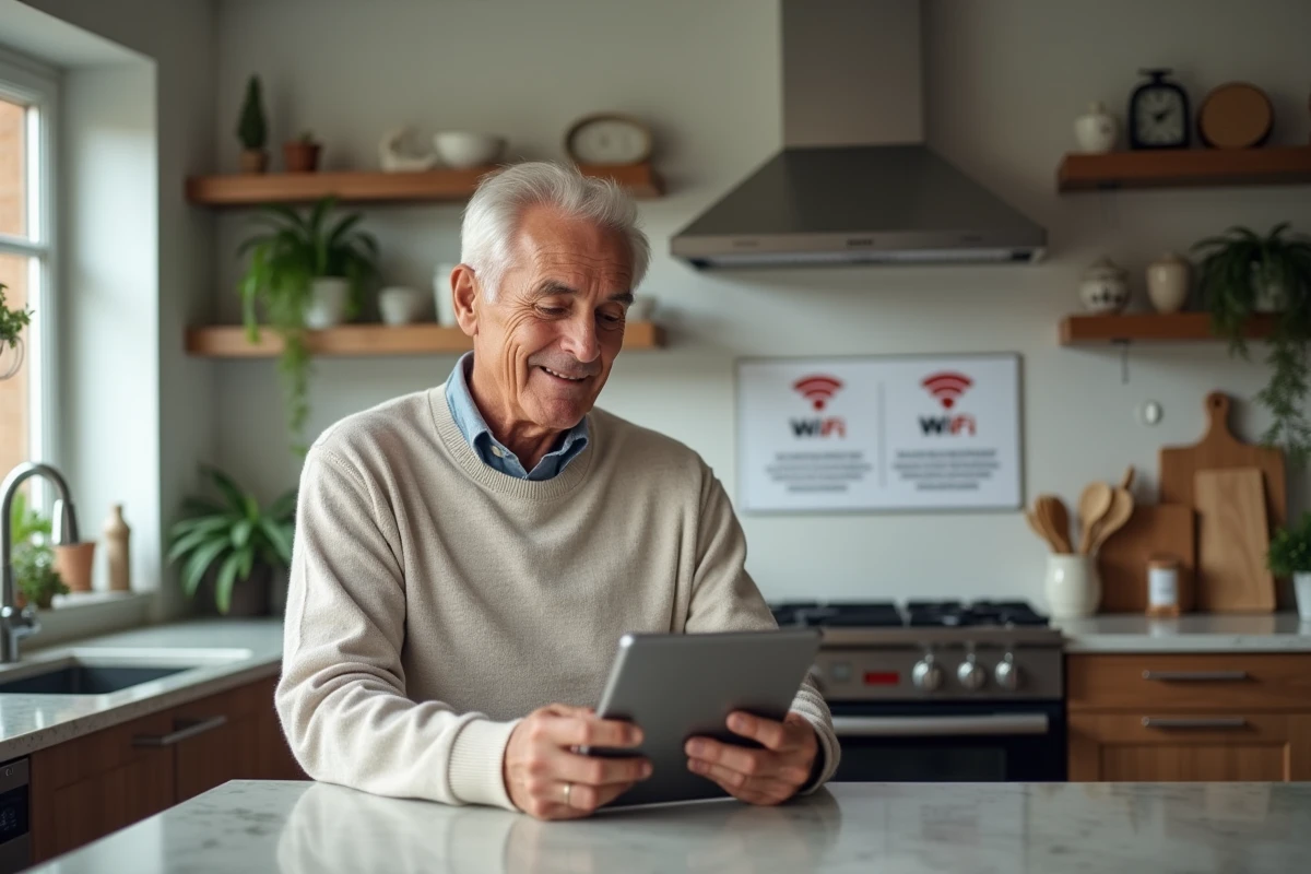 Homme âgé utilisant une tablette dans la cuisine