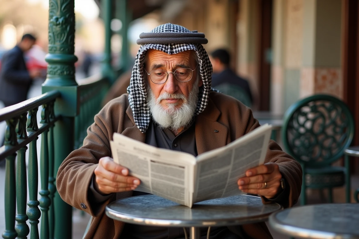Homme âgé lisant un journal dans un café à Constantine