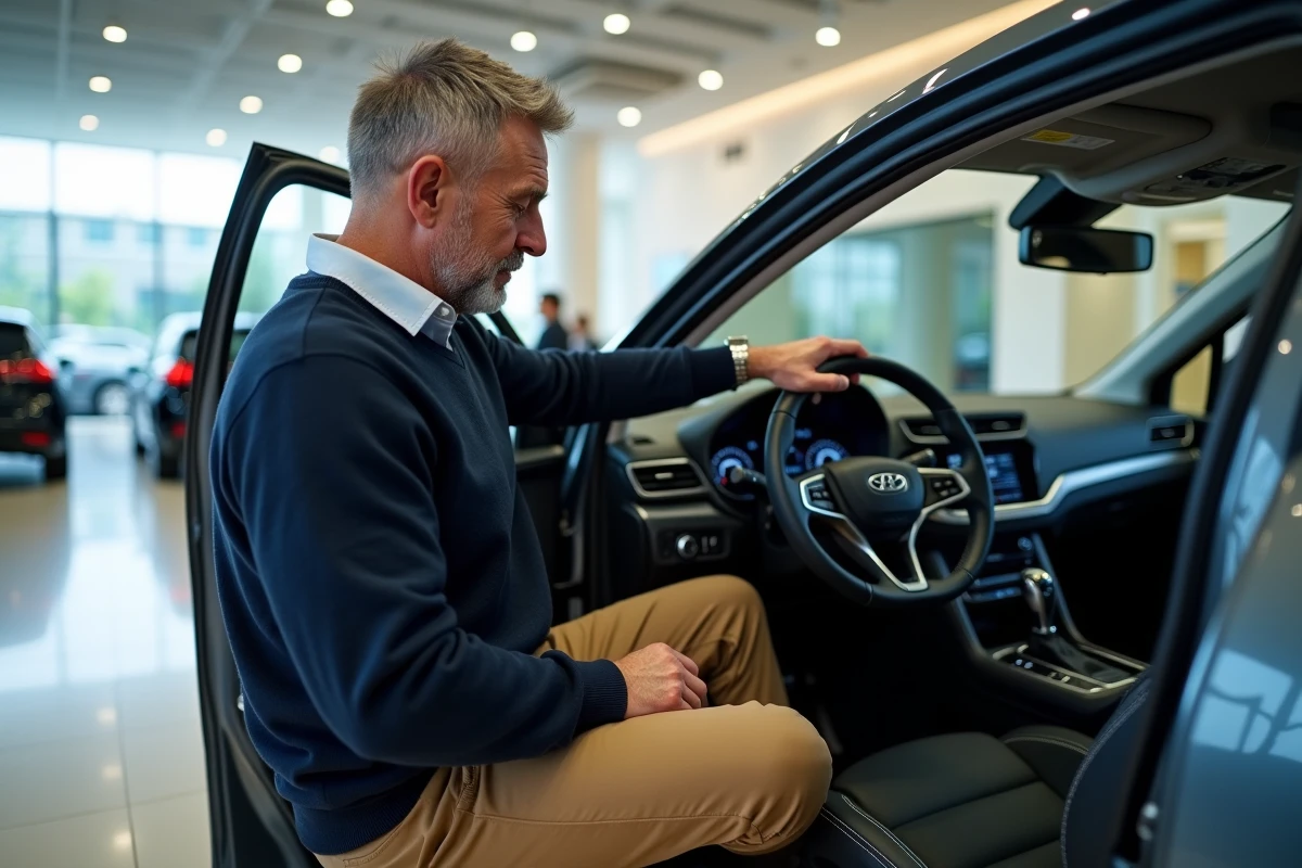 Homme inspectant un tableau de bord dans un concessionnaire