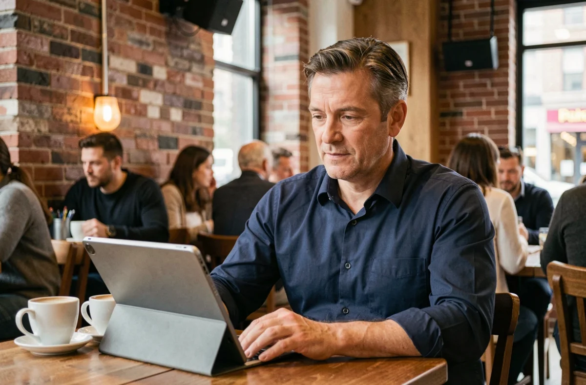 Homme consultant un journal en ligne sur une tablette dans un café urbain