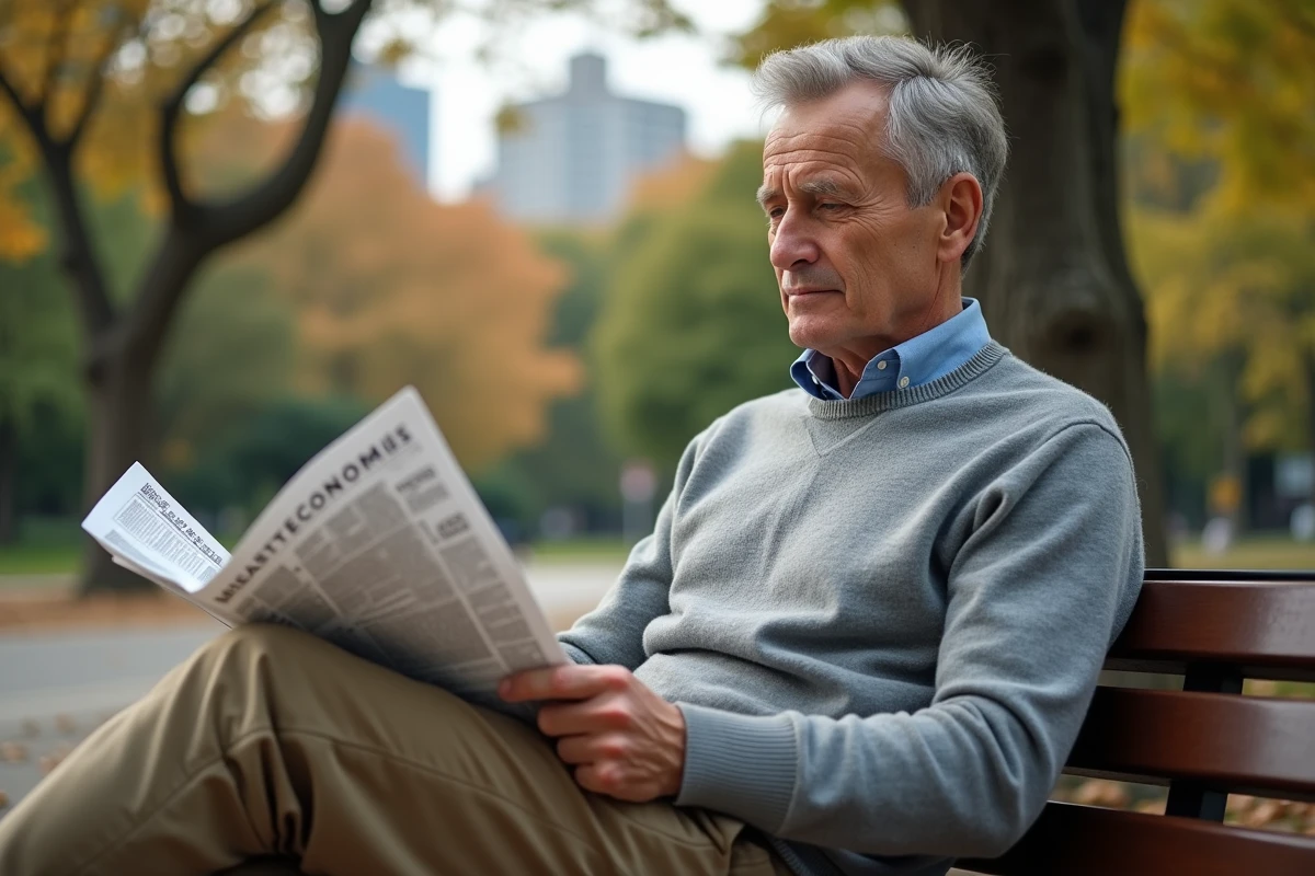 Homme en pull gris lisant un journal dans un parc