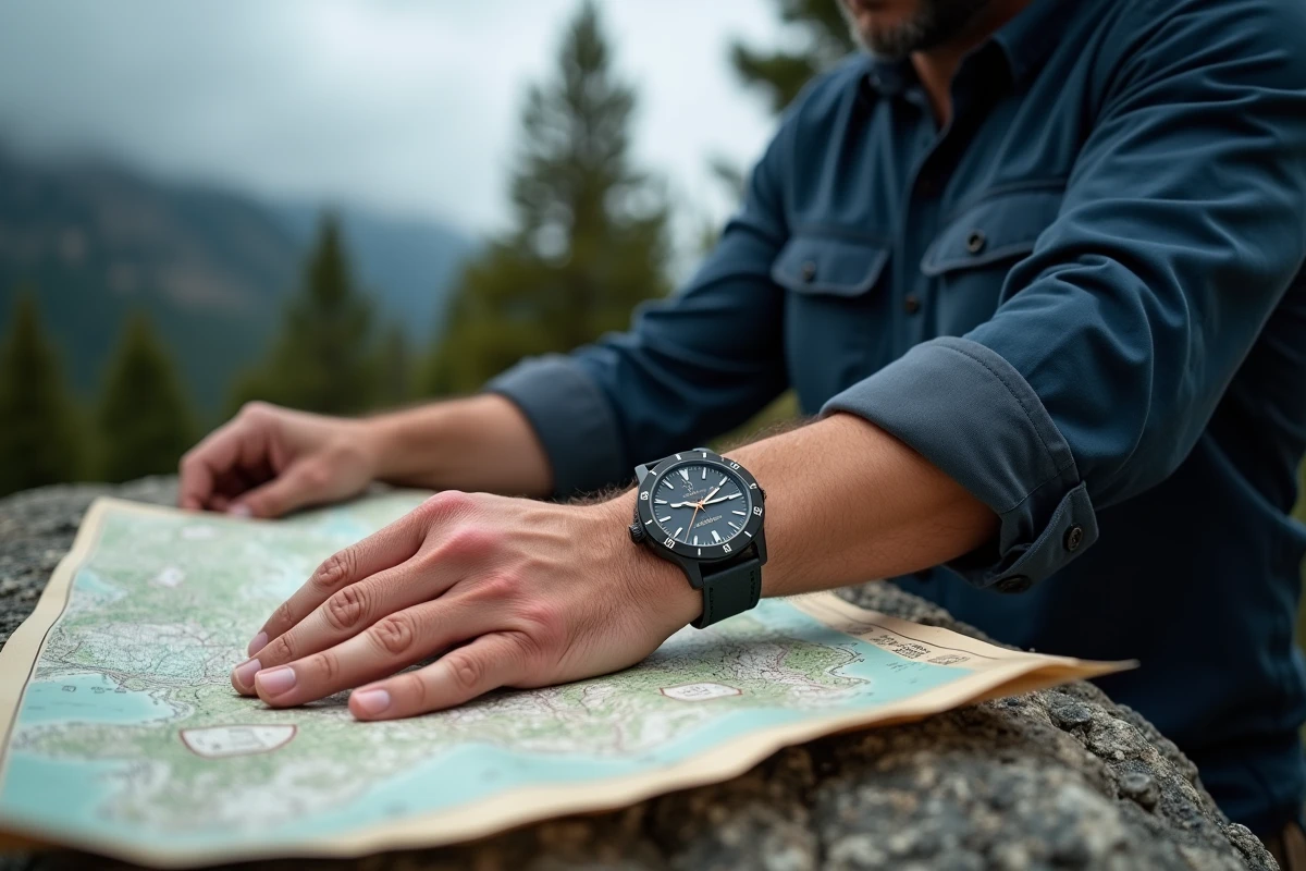 Homme militaire portant sa montre à l'envers en montagne regardant une carte topographique