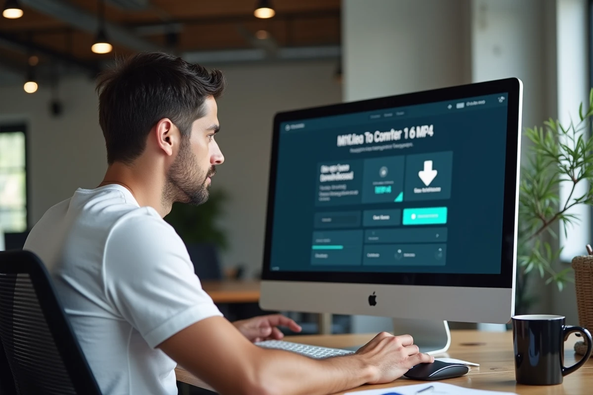 Homme utilisant un outil gratuit en ligne pour convertir une vidéo YouTube en fichier MP4 sur ordinateur de bureau