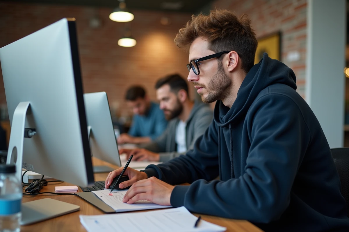Homme en train de réviser pour la certification Pix dans un espace de coworking moderne