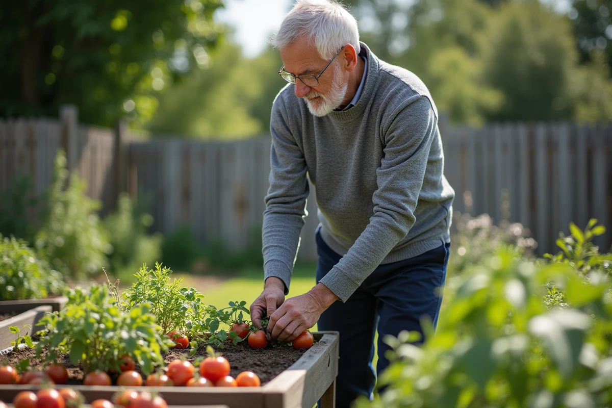 Homme senior actif travaillant dans son jardin potager, symbole de bien-être et de vitalité à la retraite