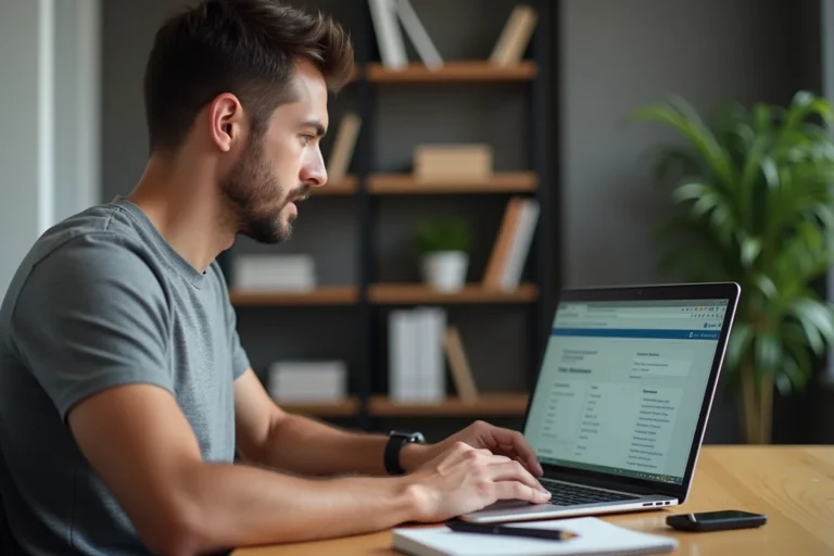 Homme consultant un site web pour suivre les changements d'adresse de Padraz sur un ordinateur portable