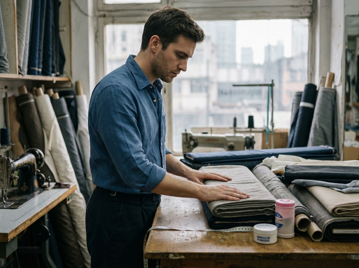 Jeune homme examine des tissus dans un atelier de couture