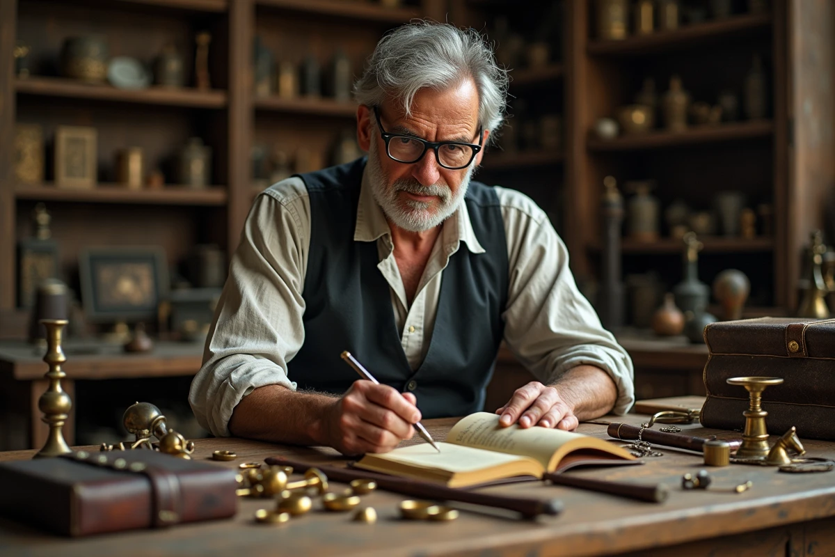 Vieux illusionniste examinant des accessoires de magie anciens dans un atelier artisanal chargé d'histoire