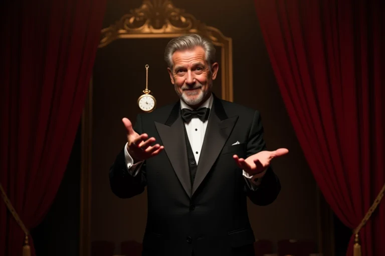 Illusionniste en smoking noir tenant une montre flottante sur scène de théâtre avec rideau rouge en arrière-plan