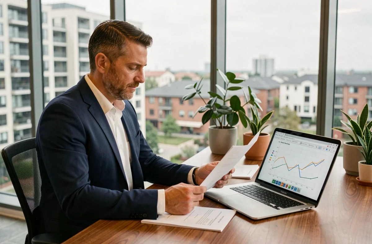 Investisseur immobilier analysant des documents de rendement locatif dans un bureau moderne avec vue sur des immeubles résidentiels urbains