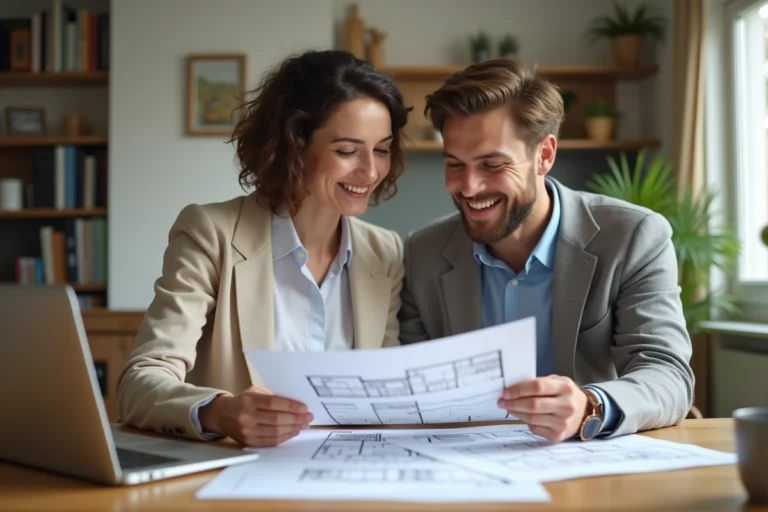 Jeune couple regardant des plans architecturaux dans un appartement