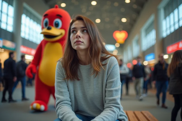 Jeune femme anxieuse dans une foule avec mascotte colorée derrière