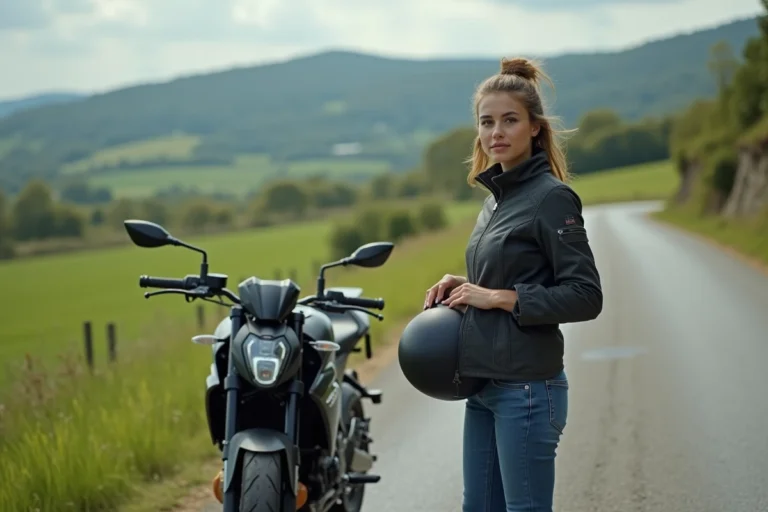 Jeune femme ajustant son casque à côté d'une moto sportive en campagne