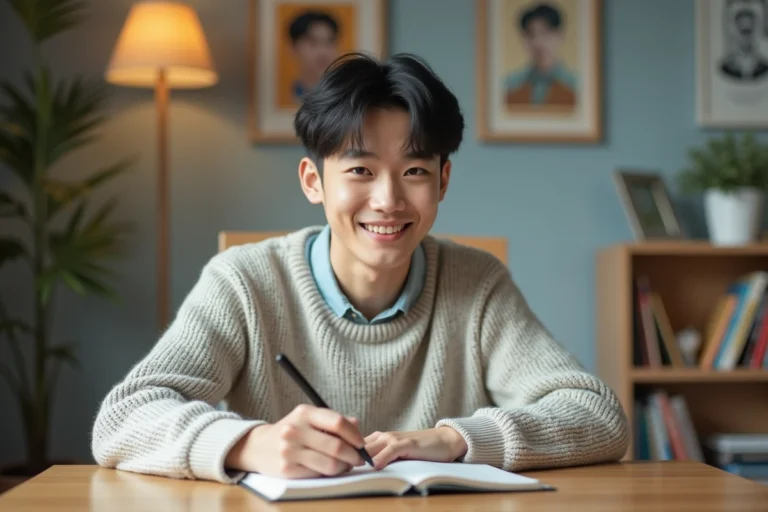 Jeune homme koreen souriant dans un appartement cosy