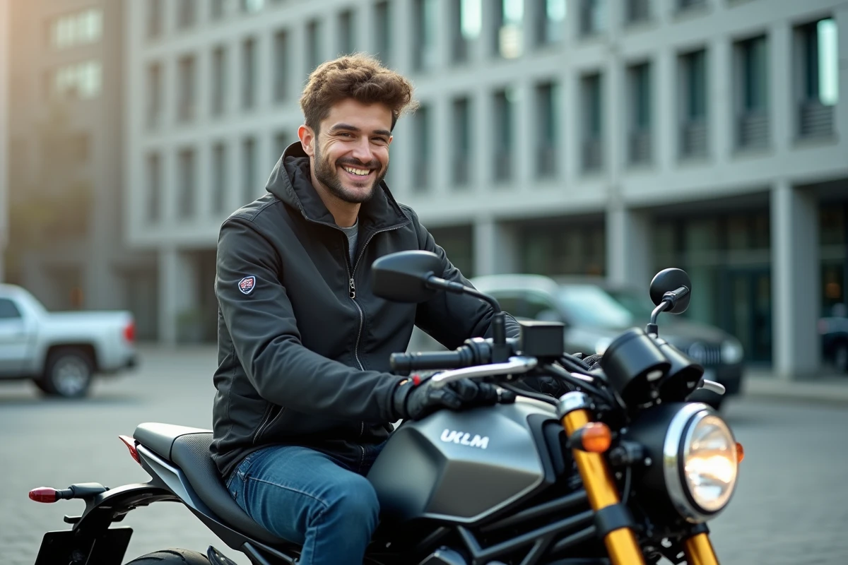 Jeune homme souriant sur une moto en ville lors d