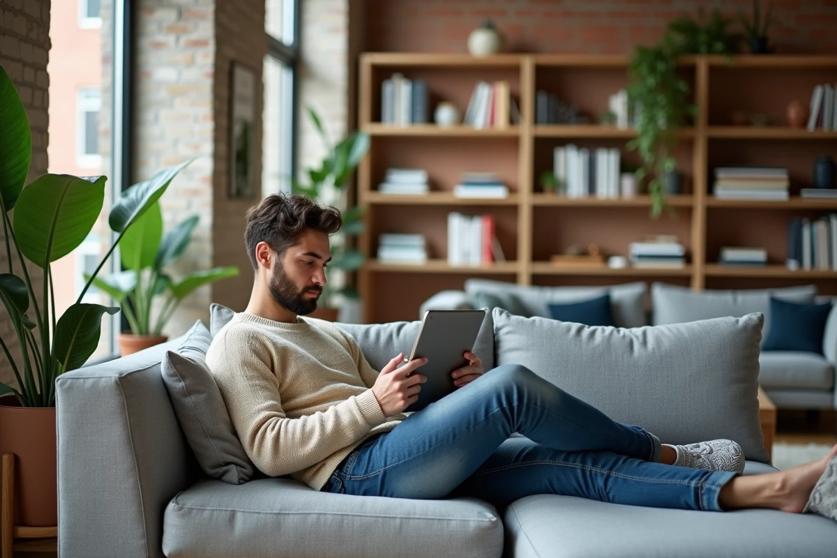 Jeune homme détendu sur canapé dans un loft moderne