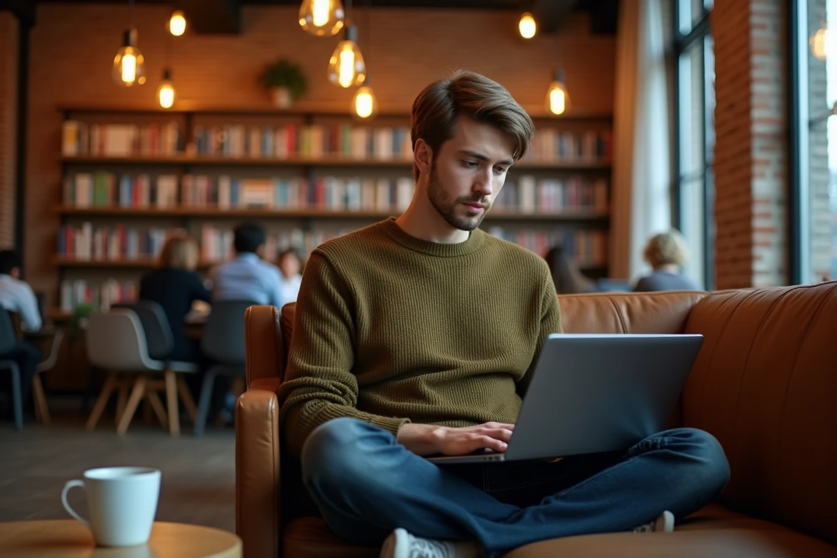 Jeune professionnel travaillant sur son développement de carrière dans un espace de coworking moderne