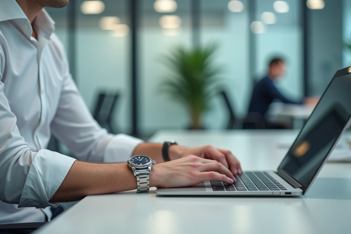 Jeune professionnel portant sa montre à l'envers au bureau dans un open space moderne