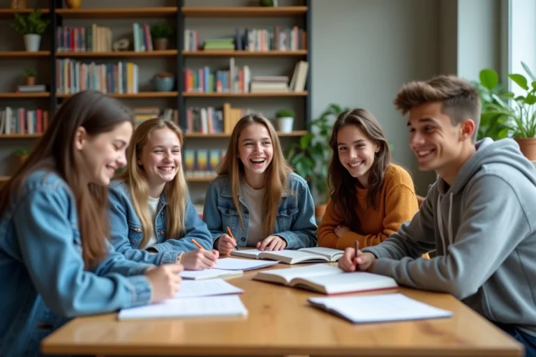 Groupe de jeunes en bibliothèque scolaire en discussion