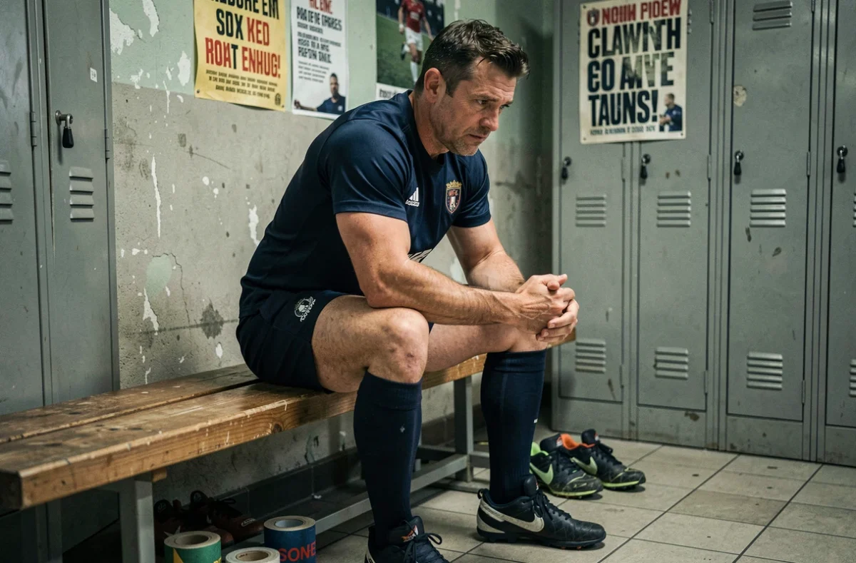 Joueur de rugby professionnel pensif dans un vestiaire, illustrant l'impact des rumeurs de transfert sur le moral des joueurs de l'ASM Clermont