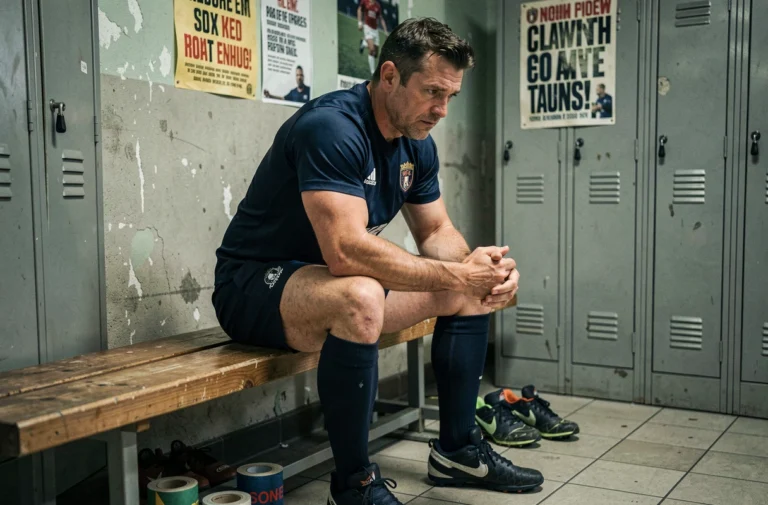 Joueur de rugby professionnel pensif dans un vestiaire, illustrant l'impact des rumeurs de transfert sur le moral des joueurs de l'ASM Clermont