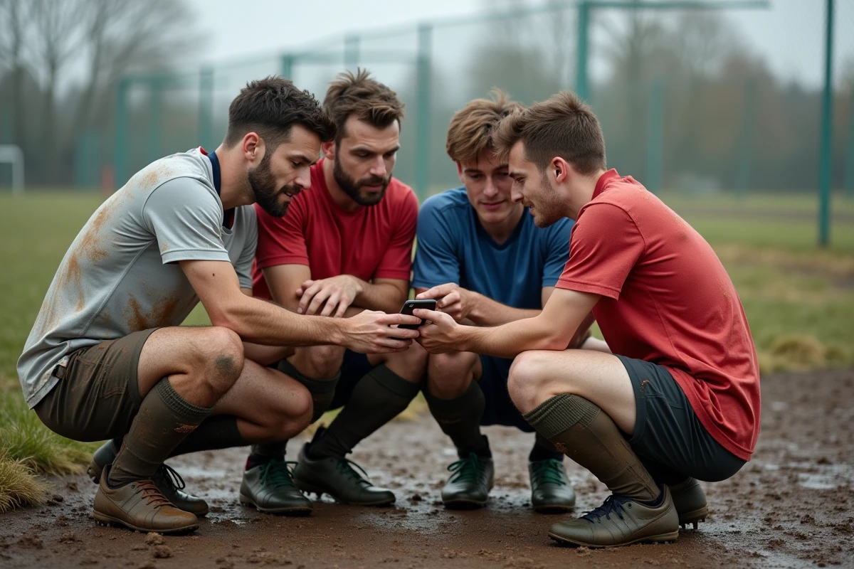 Joueurs de football amateur consultant les résultats de district en temps réel sur smartphone après un match