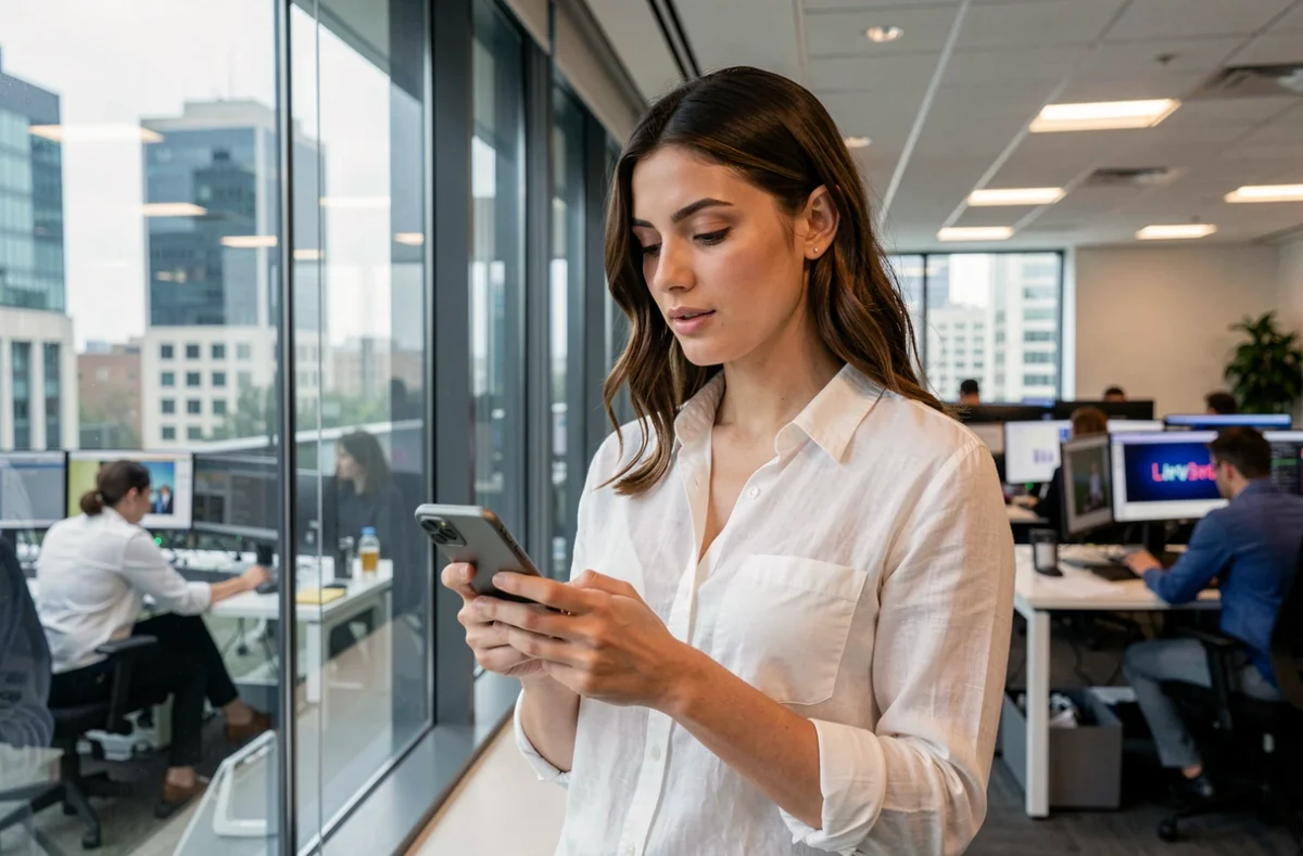 Journaliste consultant les dernières actualités sur smartphone dans une salle de rédaction moderne