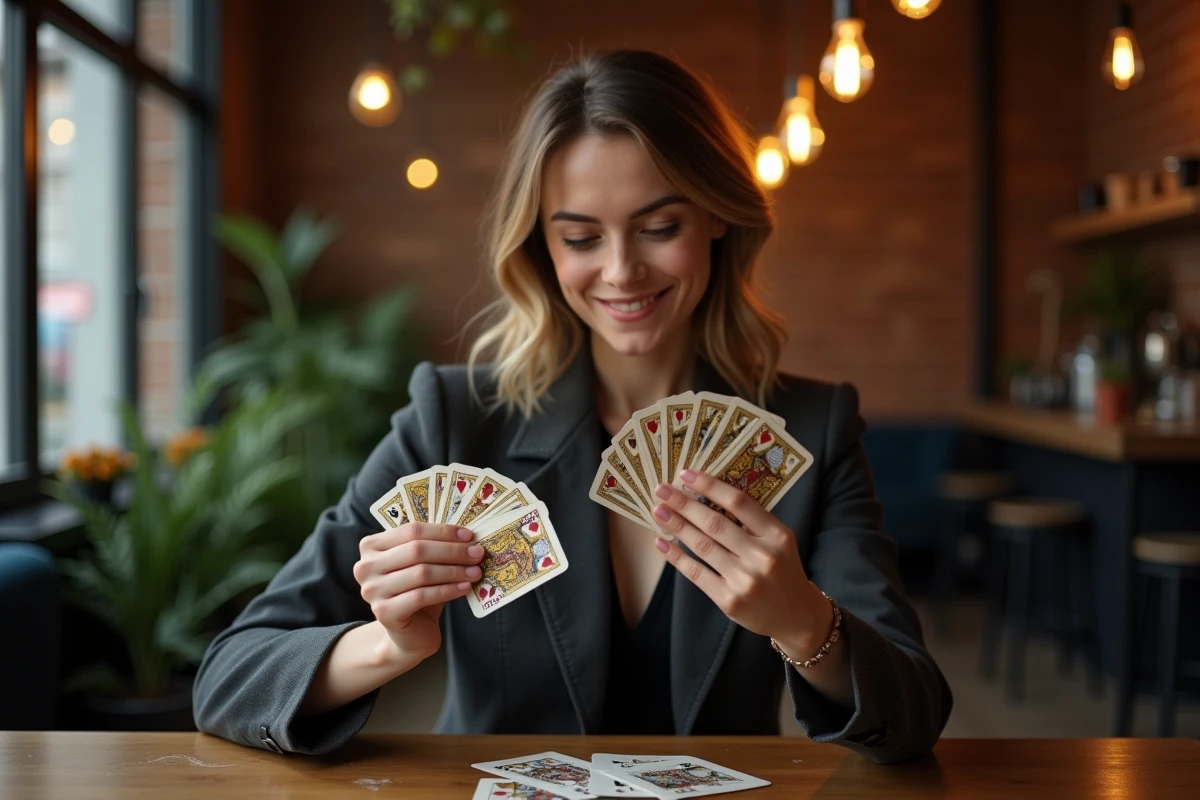 Magicienne moderne réalisant un tour de cartes en close-up dans un café urbain contemporain