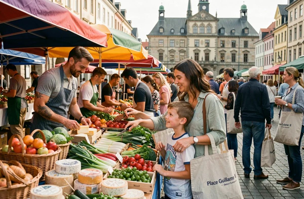 Famille multiculturelle faisant leurs courses au marché hebdomadaire de la Place Guillaume II à Luxembourg-Ville