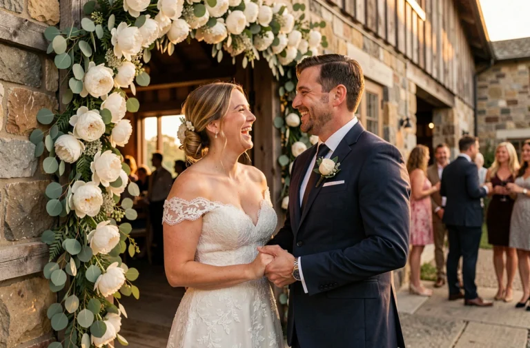 Mariés souriants à l'entrée d'une grange rustique décorée de pivoines et d'eucalyptus lors d'un mariage original