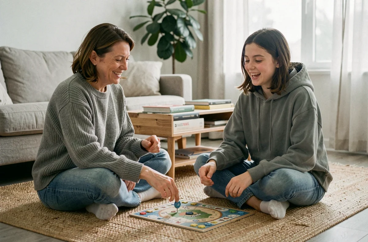 Mère et fille adolescente jouant à un jeu de société sur le sol du salon, moment de complicité familiale naturelle et détendue