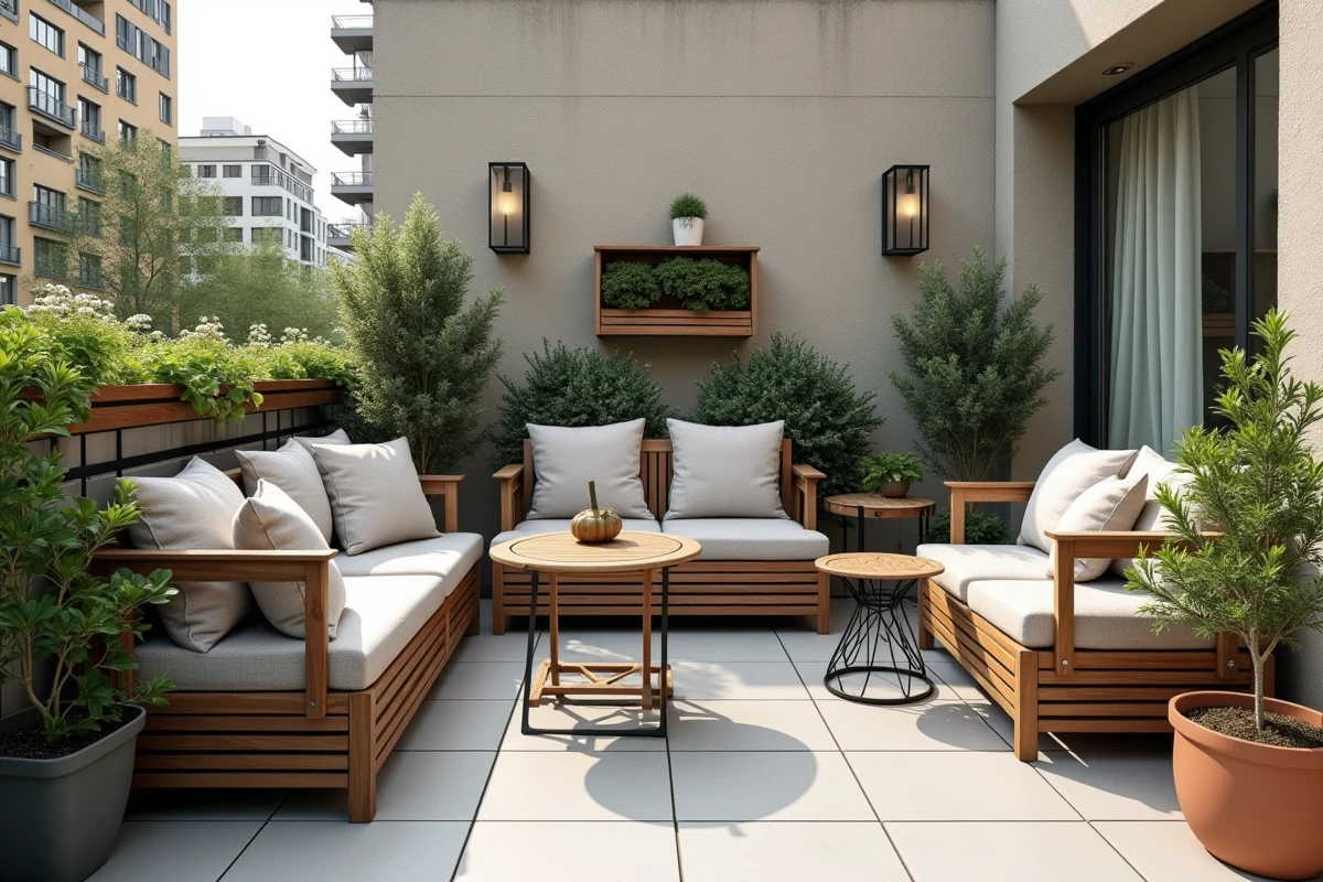 Petit espace extérieur urbain optimisé avec mobilier multifonction incluant banc coffre, table pliable et chaises empilables