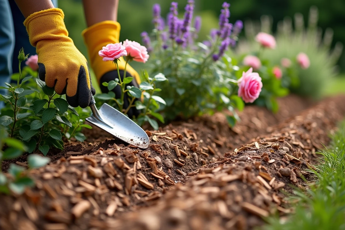 Massif de jardin recouvert d'une couche épaisse de paillis en copeaux de bois autour de rosiers et de lavandes