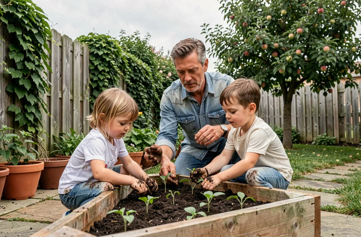 Père et enfants jardinent ensemble dans un jardin familial verdoyant, plantant des semis dans un carré potager en bois