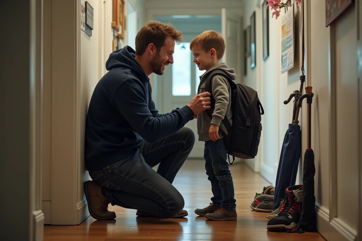 Père aidant son fils à préparer son sac d'école dans un couloir d'entrée encombré, scène de vie familiale authentique