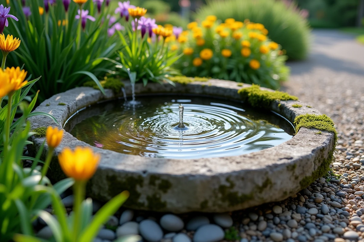 Fontaine en pierre avec bassin recirculant entouré de plantes aquatiques et de galets dans un jardin aménagé