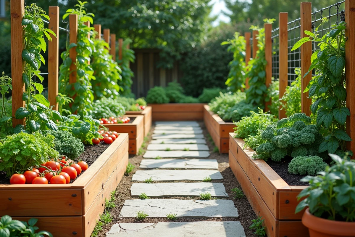 Potager en carrés surélevés intégré harmonieusement dans l'aménagement paysager d'un jardin résidentiel